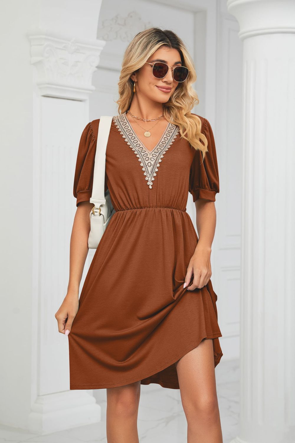 Contrast V-Neck Puff Sleeve Pocket Dress