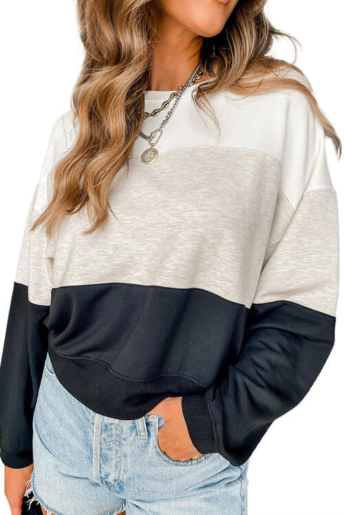 Color Block Round Neck Long Sleeve Sweatshirt