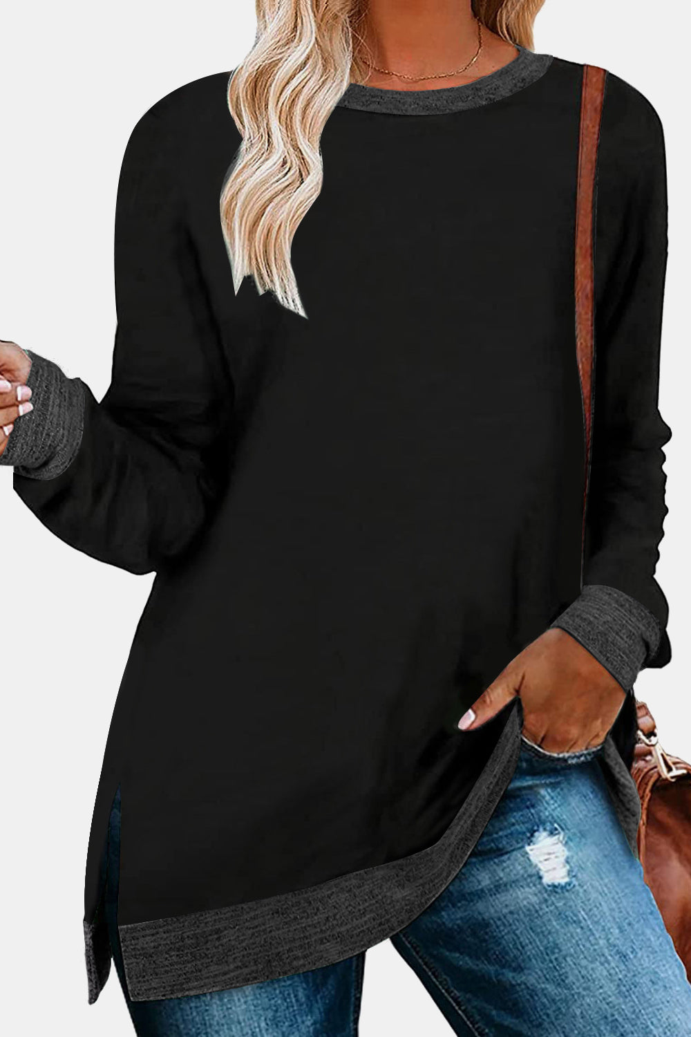 Round Neck Long Sleeve Slit T-Shirt