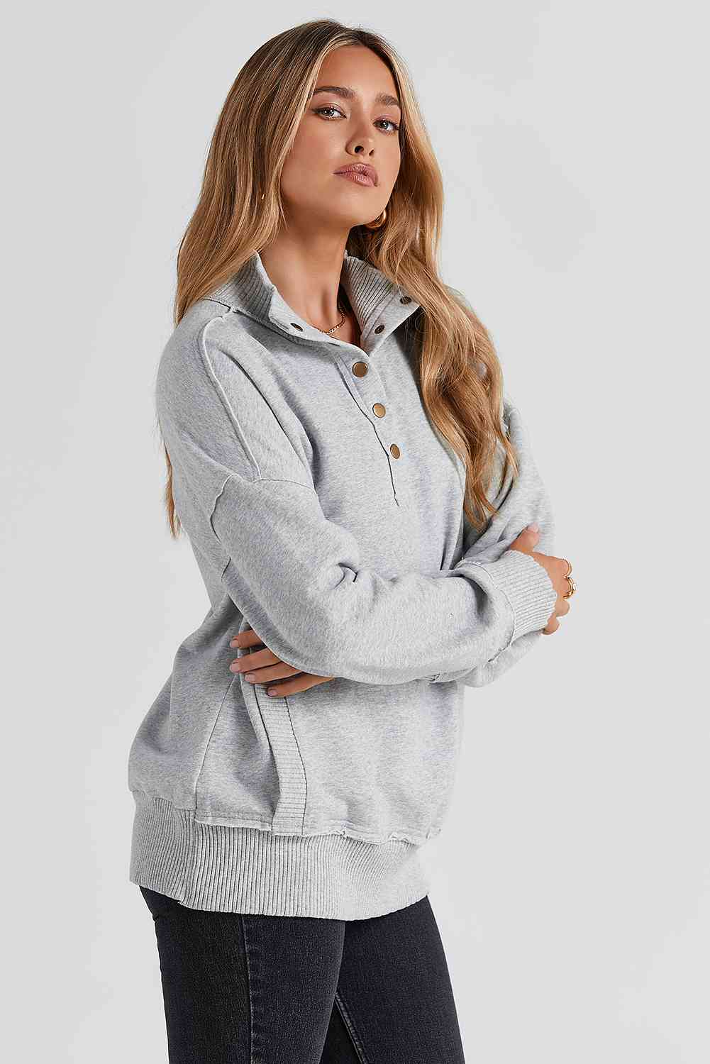 Half Snap Drop Shoulder Long Sleeve Sweatshirt