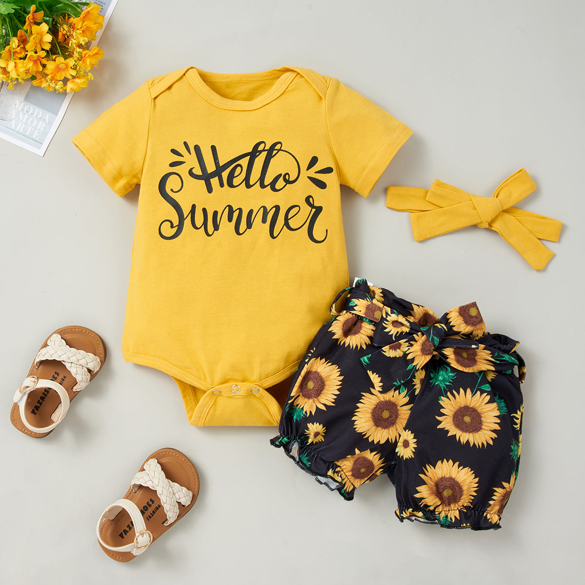 HELLO SUMMER Bodysuit and Sunflower Print Pants Set