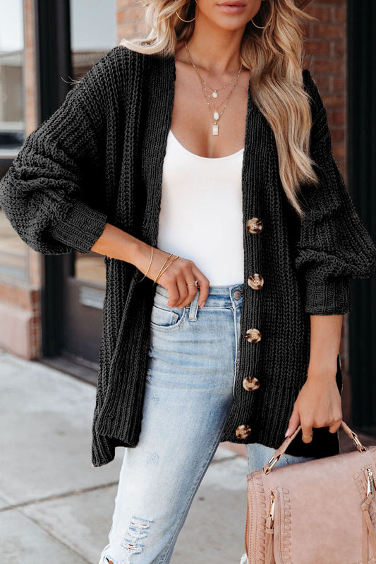 Full Size Button-Up V-Neck Long Sleeve Cardigan