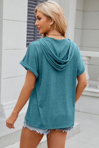 Half Button Drawstring Short Sleeve Hooded T-Shirt