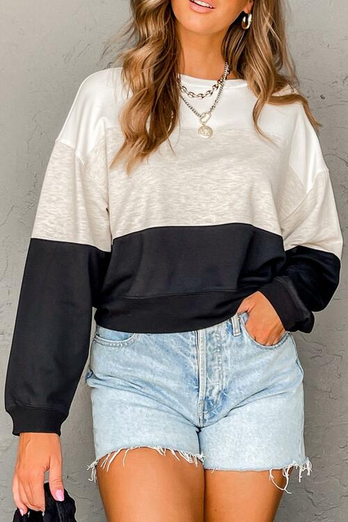 Color Block Round Neck Long Sleeve Sweatshirt