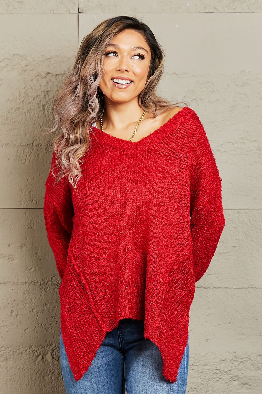 Heimish By The Fire Full Size Draped Detail Knit Sweater