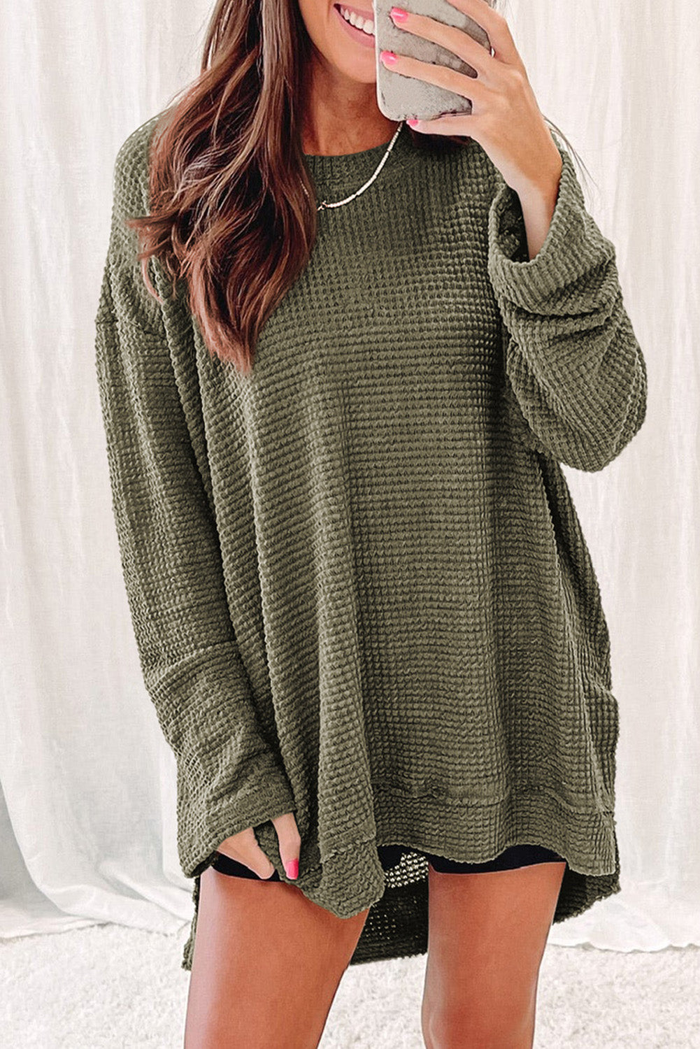 Waffle-Knit Round Neck Long Sleeve Sweatshirt