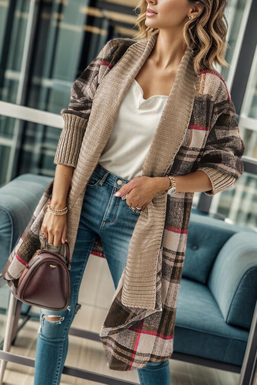 Plaid Open Front Long Sleeve Cardigan