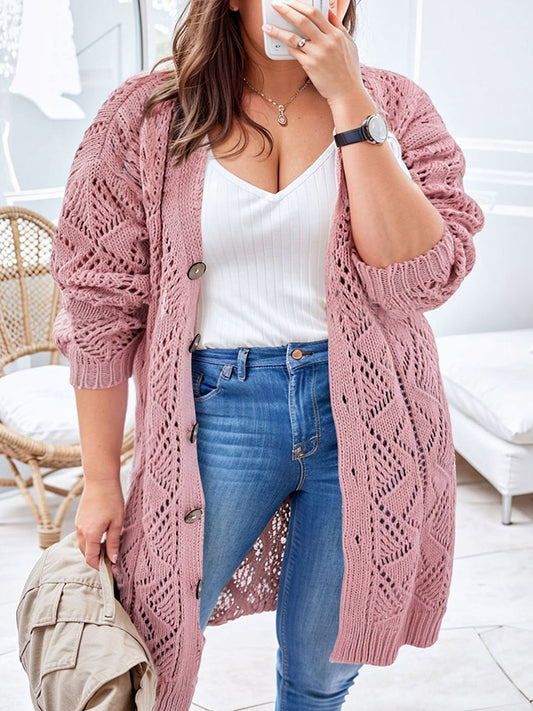 Plus Size Openwork V-Neck Long Sleeve Buttoned Cardigan